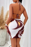 White Brown Sexy Print Backless Halter Wrapped Skirt Dresses