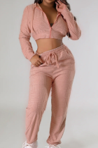 Pink Casual Solid Color Zipper Hooded Long Sleeve Two Pieces