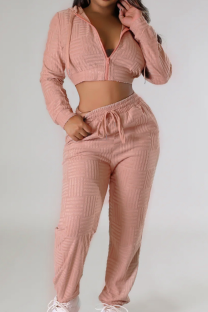 Pink Casual Solid Color Zipper Hooded Long Sleeve Two Pieces