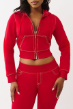Red Casual Solid Color Zipper Hooded Long Sleeve Two Pieces
