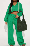 Green Casual Solid Color Zipper Hooded Long Sleeve Two Pieces