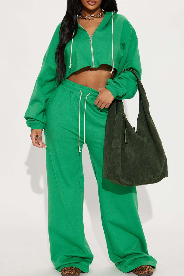 Green Casual Solid Color Zipper Hooded Long Sleeve Two Pieces