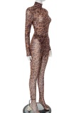 Leopard Print Sexy Leopard Print See-Through Turtleneck Long Sleeve Two Pieces