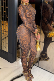 Leopard Print Sexy Leopard Print See-Through Turtleneck Long Sleeve Two Pieces