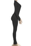 Black Sexy Solid Color Patchwork Deep V Neck Skinny Jumpsuits
