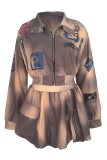 Brown Casual Print Zipper Zipper Collar Long Sleeve Two Pieces