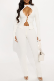 Black Sexy Solid Color Hollow Out O Neck Long Sleeve Two Pieces