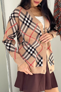 Khaki Casual Daily Plaid Buckle Cardigan Collar Outerwear