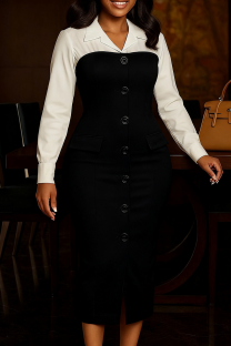 Black Elegant Solid Color Buckle Turndown Collar Wrapped Skirt Dresses
