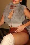 Grey Sexy Solid Color Zipper O Neck Tops