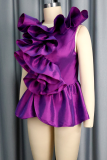 Purple Elegant Solid Color Flounce O Neck Tops