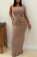 Apricot Elegant Solid Color Hollow Out Oblique Collar Long Dresses