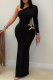 Black Elegant Solid Color Hollow Out Oblique Collar Long Dresses