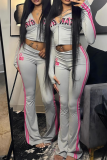 Grey Casual Letters Zipper Hooded Long Sleeve Two Pieces