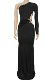 Apricot Elegant Solid Color Hollow Out Oblique Collar Long Dresses