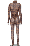 Leopard Print Sexy Leopard Print See-Through Turtleneck Long Sleeve Two Pieces