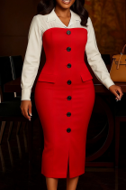 Red Elegant Solid Color Buckle Turndown Collar Wrapped Skirt Dresses