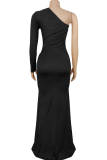 Apricot Elegant Solid Color Hollow Out Oblique Collar Long Dresses