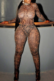 Leopard Print Sexy Leopard Print See-Through Turtleneck Long Sleeve Two Pieces
