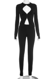 Black Sexy Solid Color Hollow Out O Neck Long Sleeve Two Pieces
