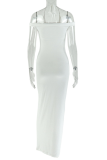White Elegant Solid Color Patchwork Off Shoulder Long Dresses