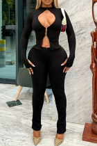 Black Sexy Solid Color Hollow Out O Neck Long Sleeve Two Pieces