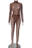 Leopard Print Sexy Leopard Print See-Through Turtleneck Long Sleeve Two Pieces