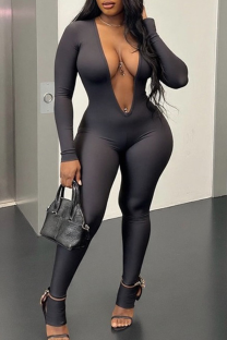 Black Sexy Solid Color Patchwork Deep V Neck Skinny Jumpsuits