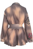 Brown Casual Print Zipper Zipper Collar Long Sleeve Two Pieces