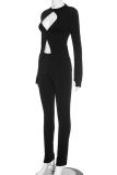 Black Sexy Solid Color Hollow Out O Neck Long Sleeve Two Pieces
