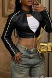 Black Casual Solid Color Zipper O Neck Outerwear