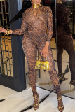Leopard Print Sexy Leopard Print See-Through Turtleneck Long Sleeve Two Pieces