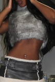Grey Sexy Solid Color Zipper Turtleneck Tops