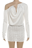 White Sexy Solid Color Strap Design Hot Drill Oblique Collar Wrapped Skirt Dresses