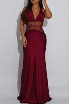 Burgundy Sexy Solid Color Lace Backless Spaghetti Strap Long Dresses
