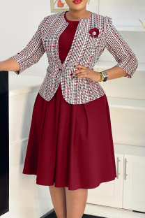 Burgundy Elegant Print Patchwork O Neck Three Quarter Two Pieces