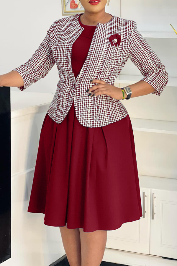 Burgundy Elegant Print Patchwork O Neck Three Quarter Two Pieces