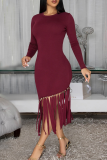 Black Elegant Solid Color Fringed Trim O Neck Irregular Dresses