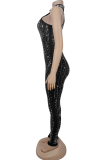 Black Sexy Solid Color Hot Drill O Neck Skinny Jumpsuits