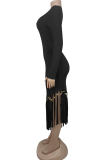 Black Elegant Solid Color Fringed Trim O Neck Irregular Dresses