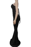 Red Elegant Solid Color Mesh Oblique Collar Long Dresses