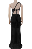 Red Elegant Solid Color Mesh Oblique Collar Long Dresses