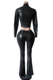 Dark Brown Casual Solid Color Contrast O Neck Long Sleeve Two Pieces