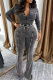 Black Casual Solid Color Distressed Zipper Collar Long Sleeve Two Pieces