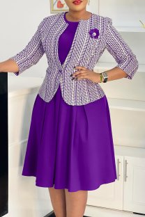 Purple Elegant Print Patchwork O Neck Three Quarter Two Pieces