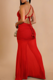 Red Elegant Solid Color Mesh Oblique Collar Long Dresses