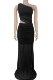 Red Elegant Solid Color Mesh Oblique Collar Long Dresses