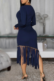 Black Elegant Solid Color Fringed Trim O Neck Irregular Dresses