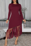 Black Elegant Solid Color Fringed Trim O Neck Irregular Dresses