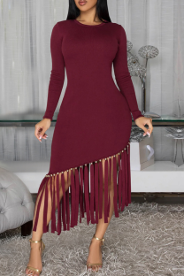 Burgundy Elegant Solid Color Fringed Trim O Neck Irregular Dresses